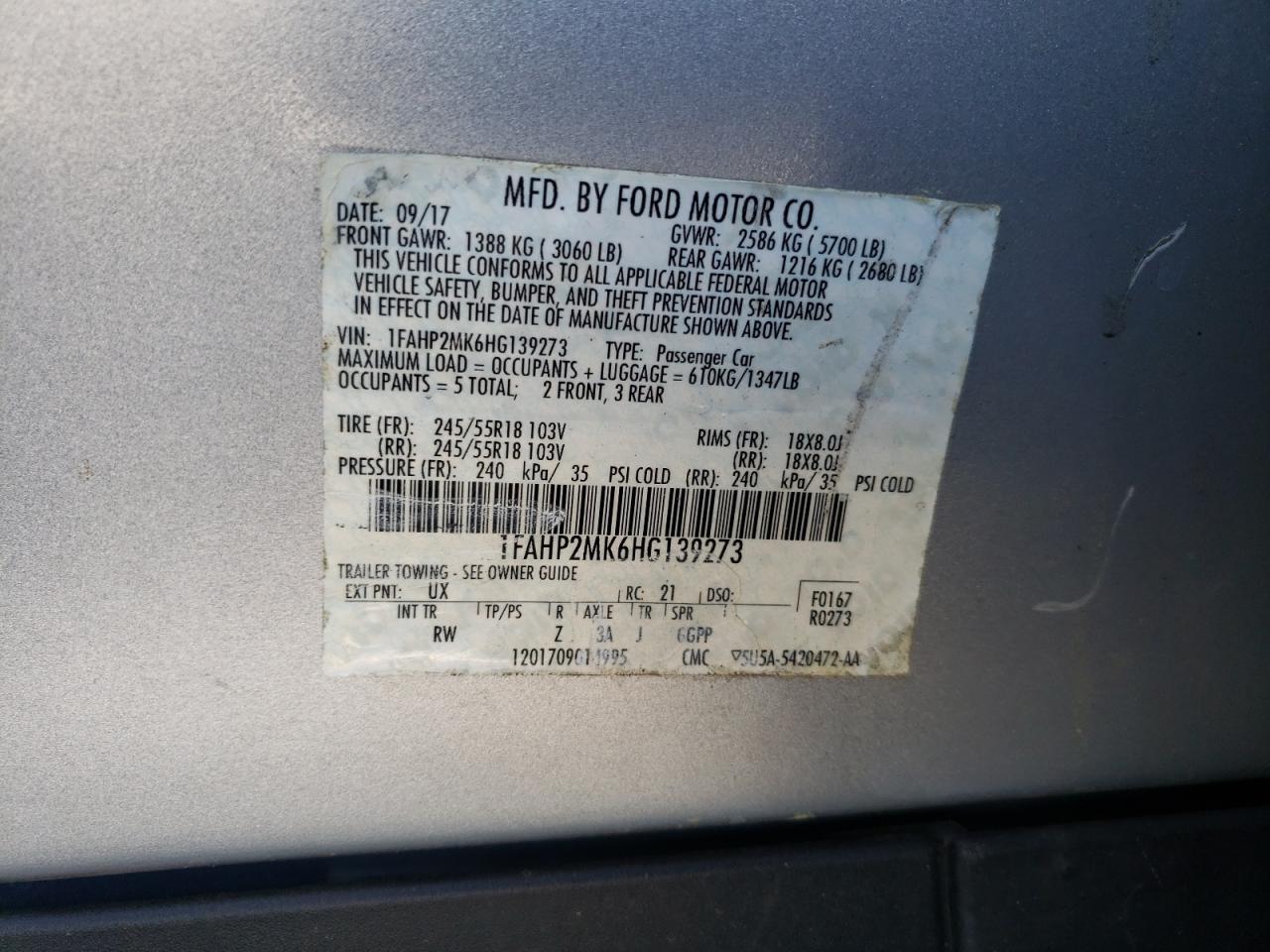 Photo 10 from auction – 2017 FORD TAURUS POL with VIN 1FAHP2MK6HG139273