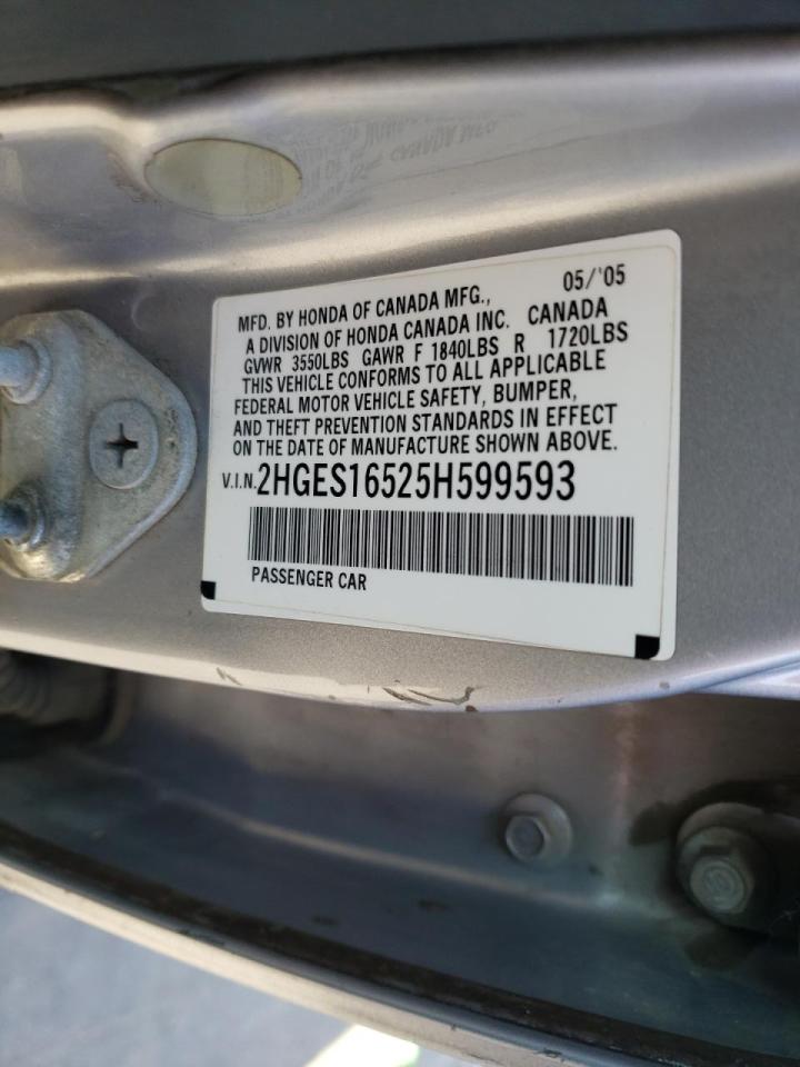 Photo 10 from auction – 2005 HONDA CIVIC LX with VIN 2HGES16525H599593