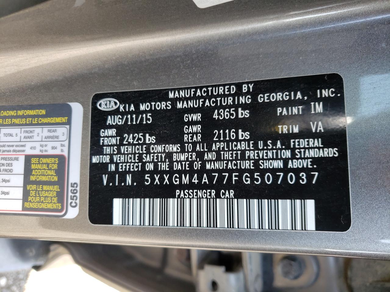 Photo 10 from auction – 2015 KIA OPTIMA with VIN 5XXGM4A77FG507037