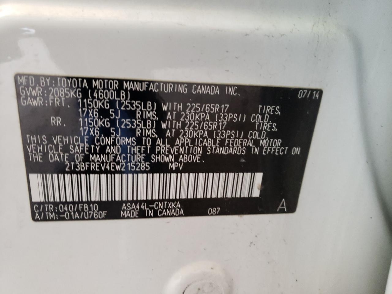 Photo 10 from auction – 2014 TOYOTA RAV4 LE with VIN 2T3BFREV4EW215285