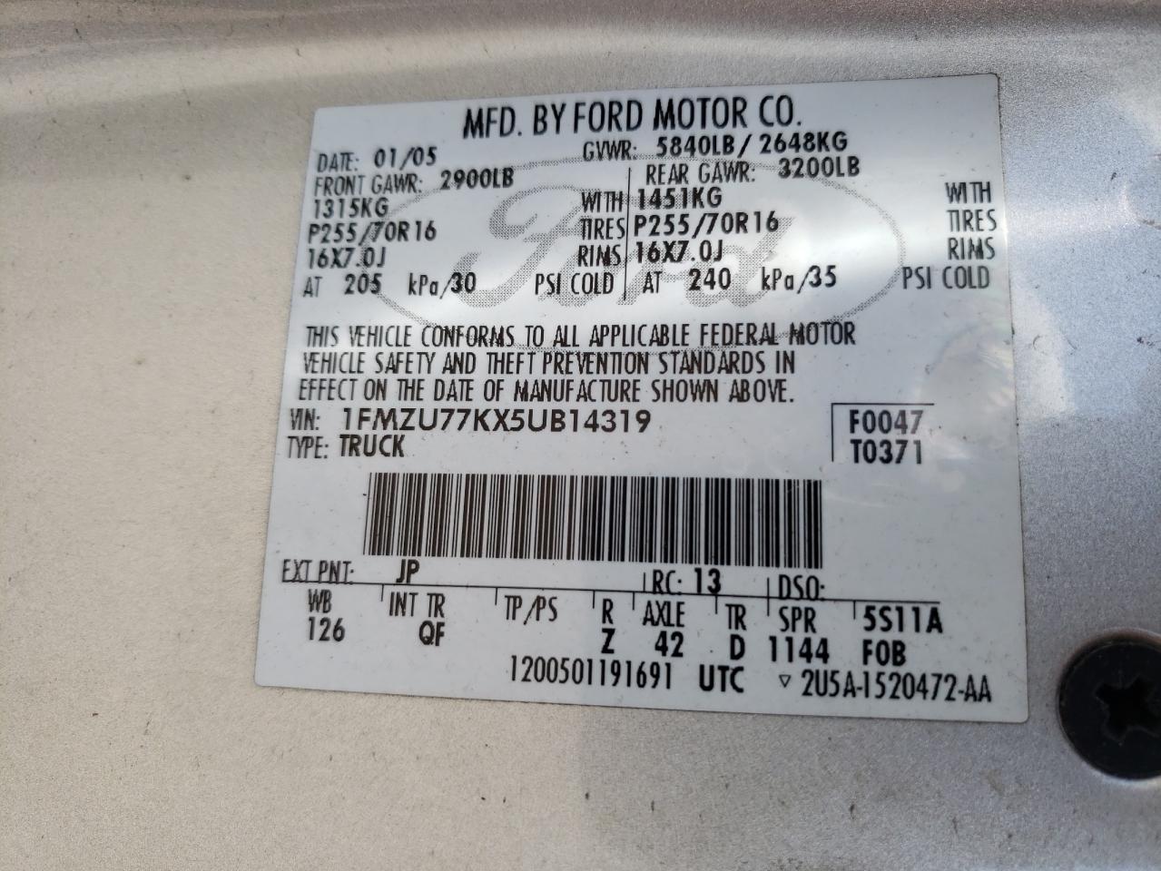 Photo 10 from auction – 2005 FORD EXPLORER S with VIN 1FMZU77KX5UB14319