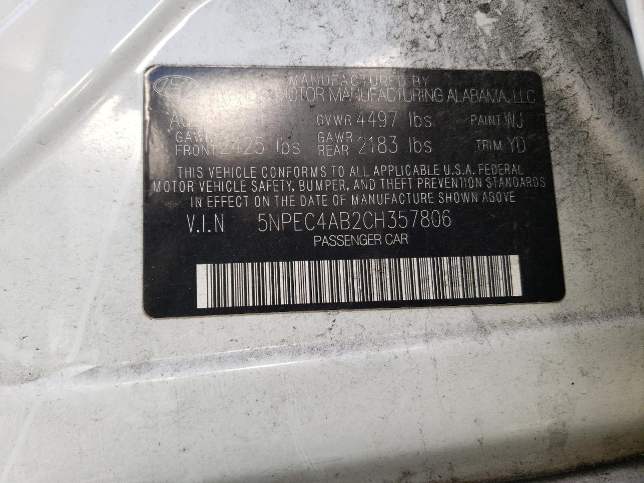 Photo 10 from auction – 2012 HYUNDAI SONATA SE with VIN 5NPEC4AB2CH357806