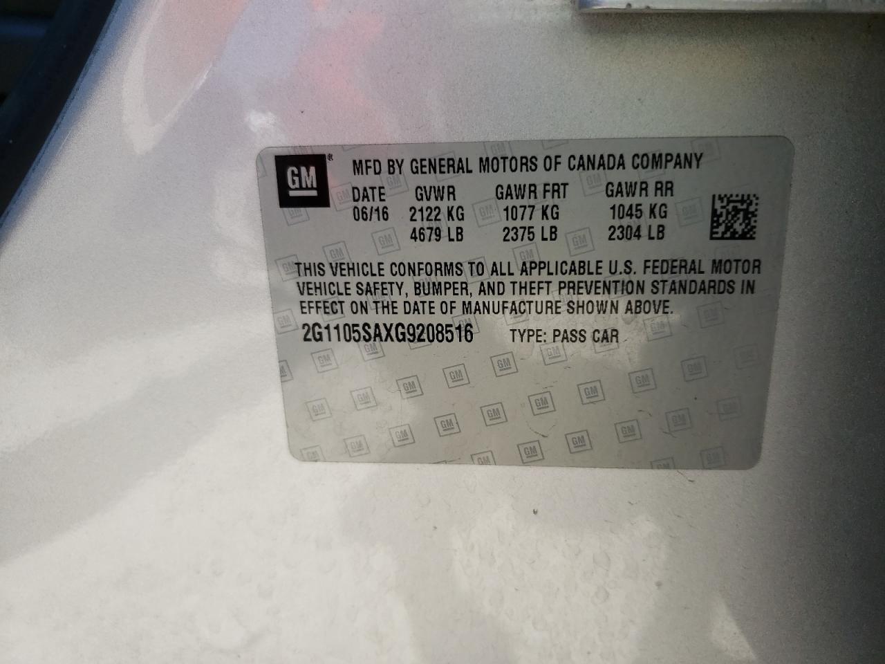 Photo 10 from auction – 2016 CHEVROLET IMPALA LT with VIN 2G1105SAXG9208516