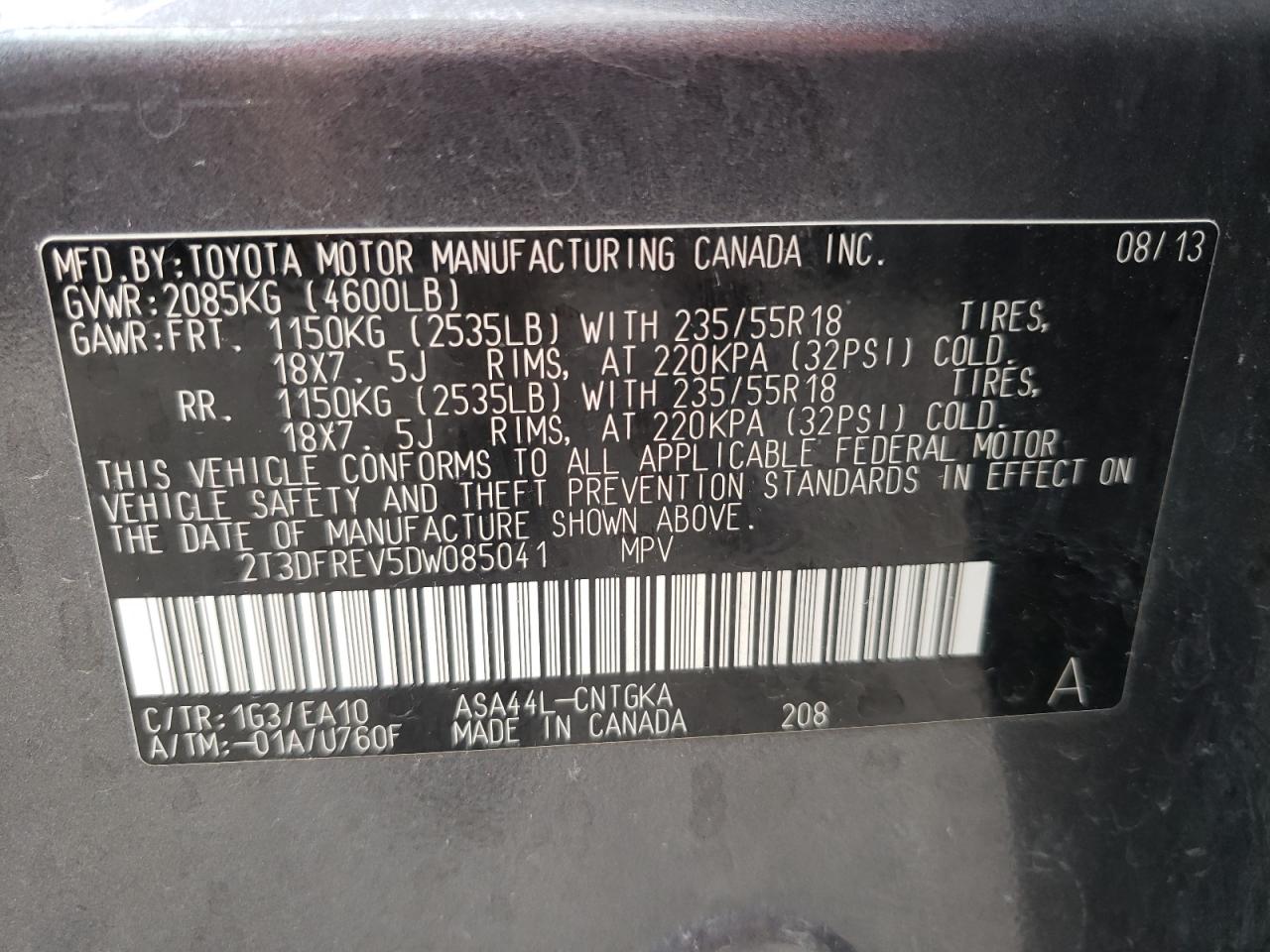 Photo 10 from auction – 2013 TOYOTA RAV4 LIMIT with VIN 2T3DFREV5DW085041