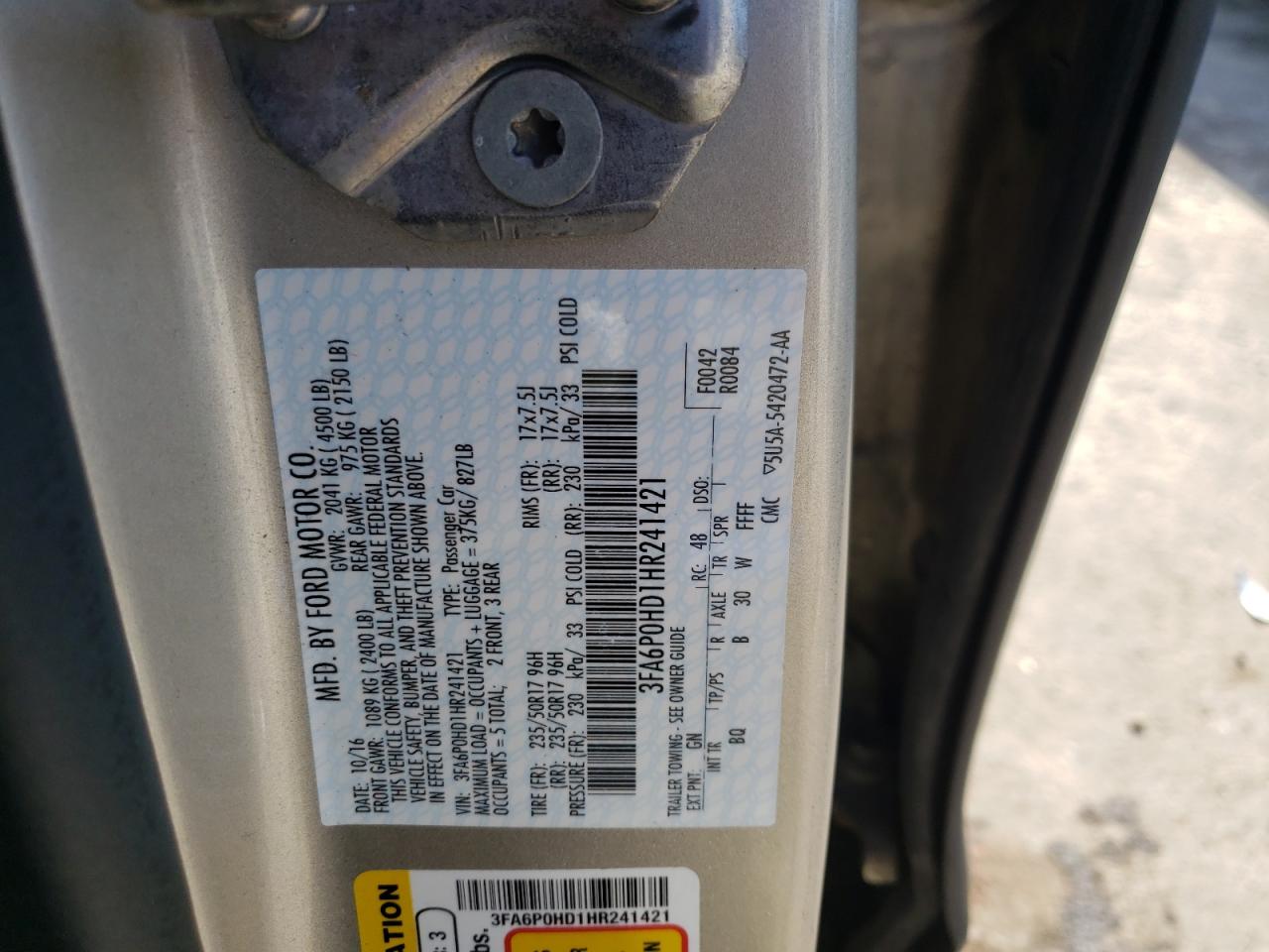 Photo 10 from auction – 2017 FORD FUSION SE with VIN 3FA6P0HD1HR241421
