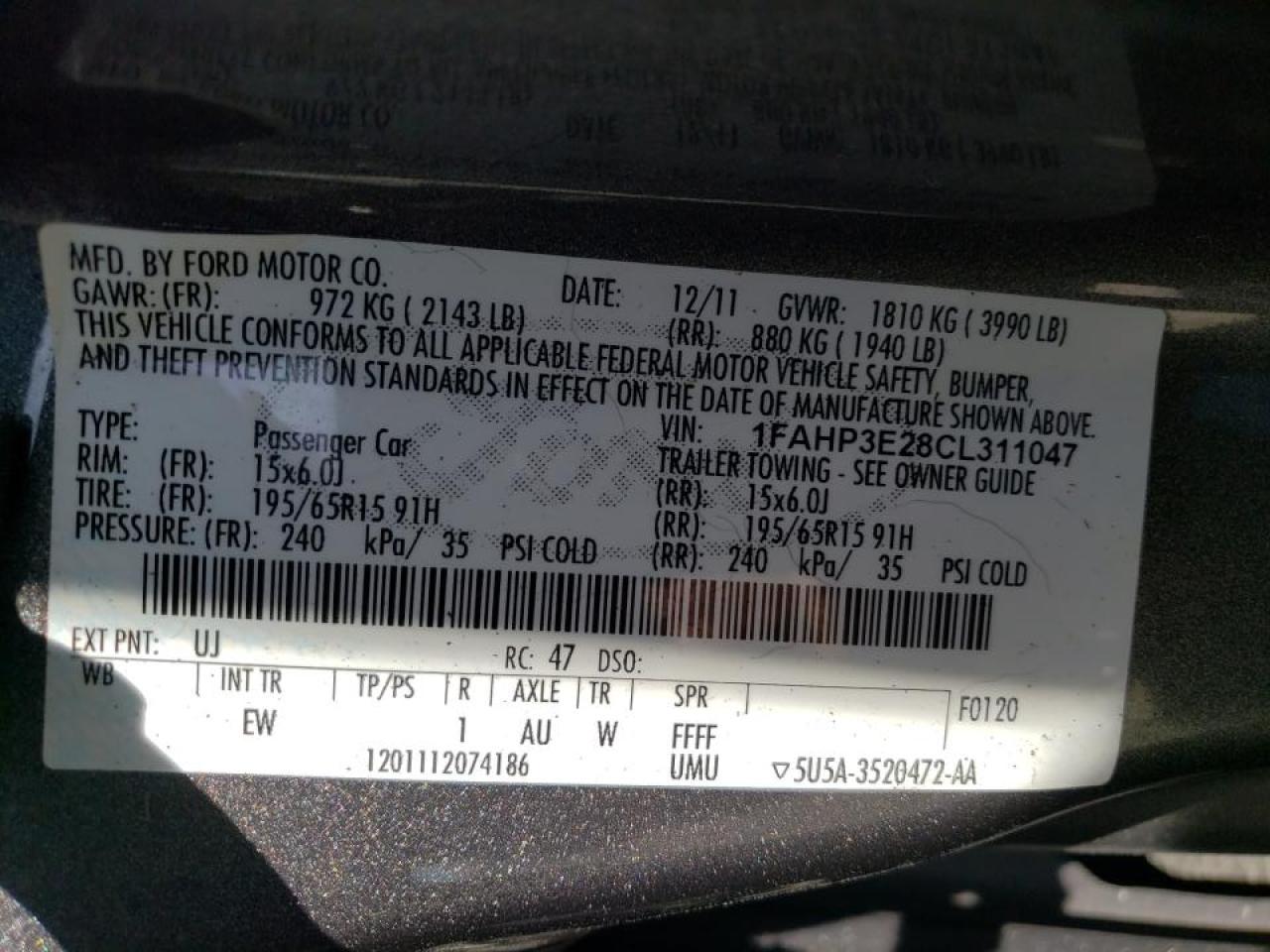 Photo 10 from auction – 2012 FORD FOCUS S with VIN 1FAHP3E28CL311047