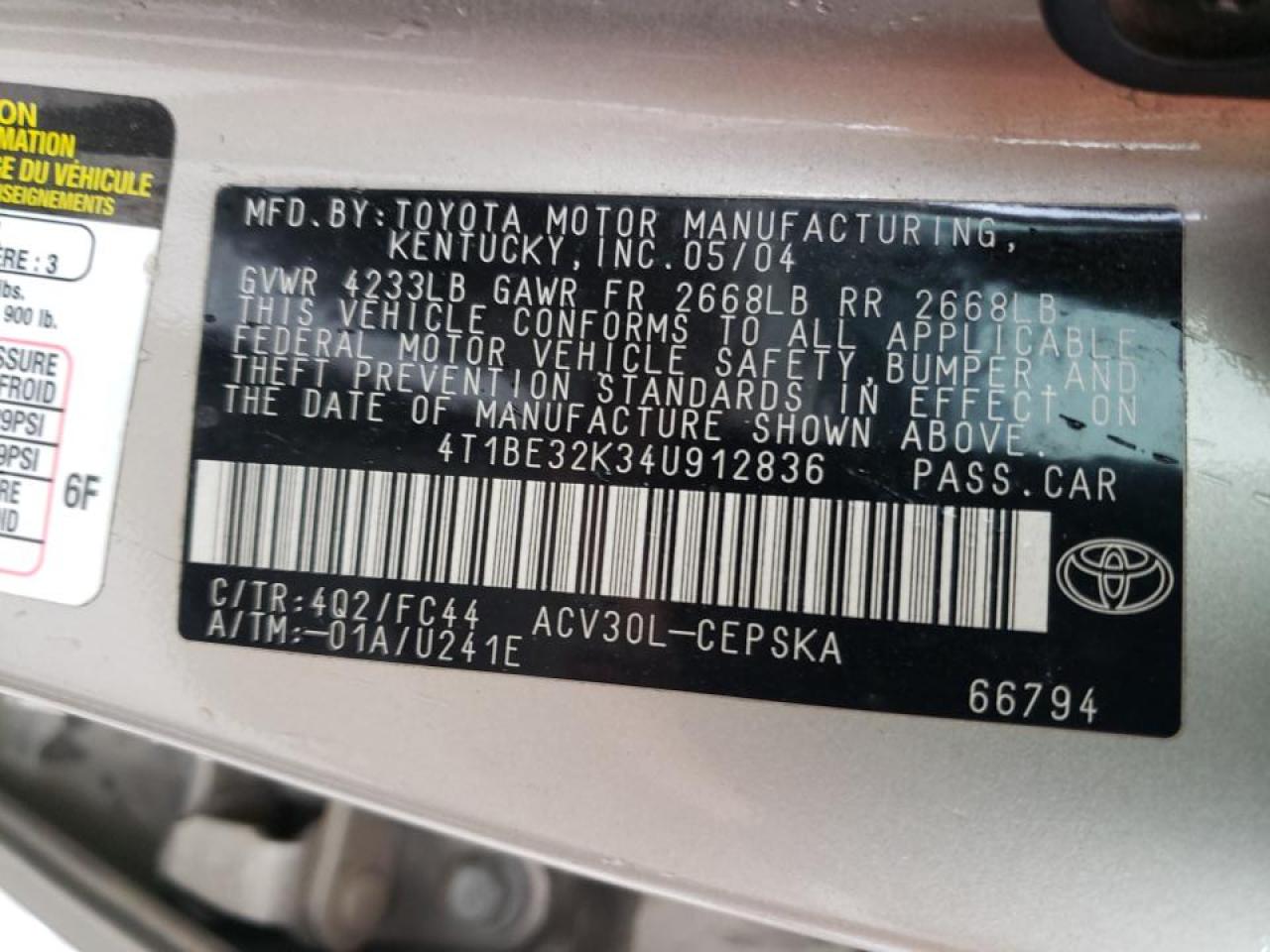 Photo 10 from auction – 2004 TOYOTA CAMRY LE with VIN 4T1BE32K34U912836