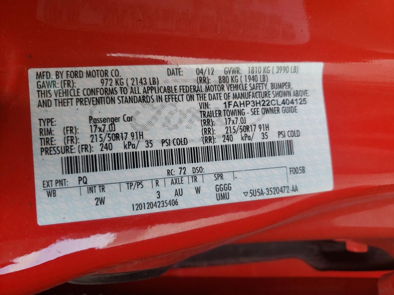 Photo 10 from auction – 2012 FORD FOCUS SEL with VIN 1FAHP3H22CL404125