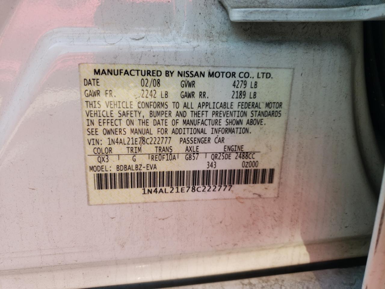 Photo 10 from auction – 2008 NISSAN ALTIMA 2.5 with VIN 1N4AL21E78C222777