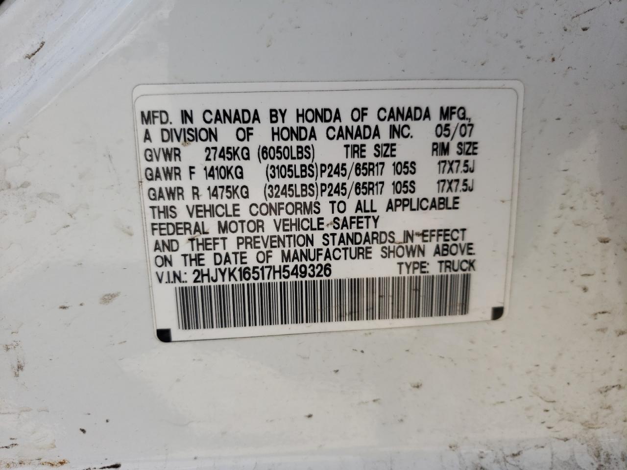 Photo 10 from auction – 2007 HONDA RIDGELINE with VIN 2HJYK16517H549326