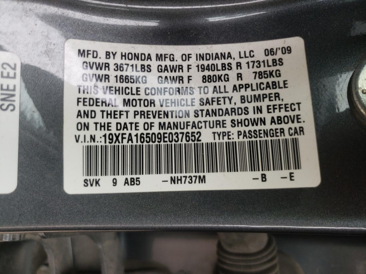 Photo 10 from auction – 2009 HONDA CIVIC LX with VIN 19XFA16509E037652