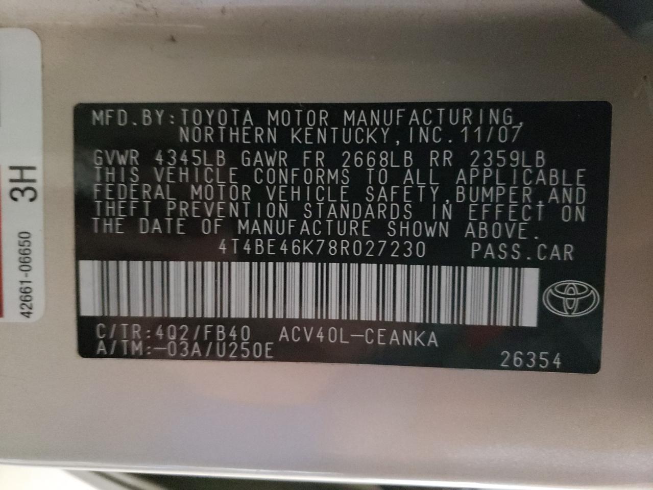 Photo 10 from auction – 2008 TOYOTA CAMRY CE with VIN 4T4BE46K78R027230
