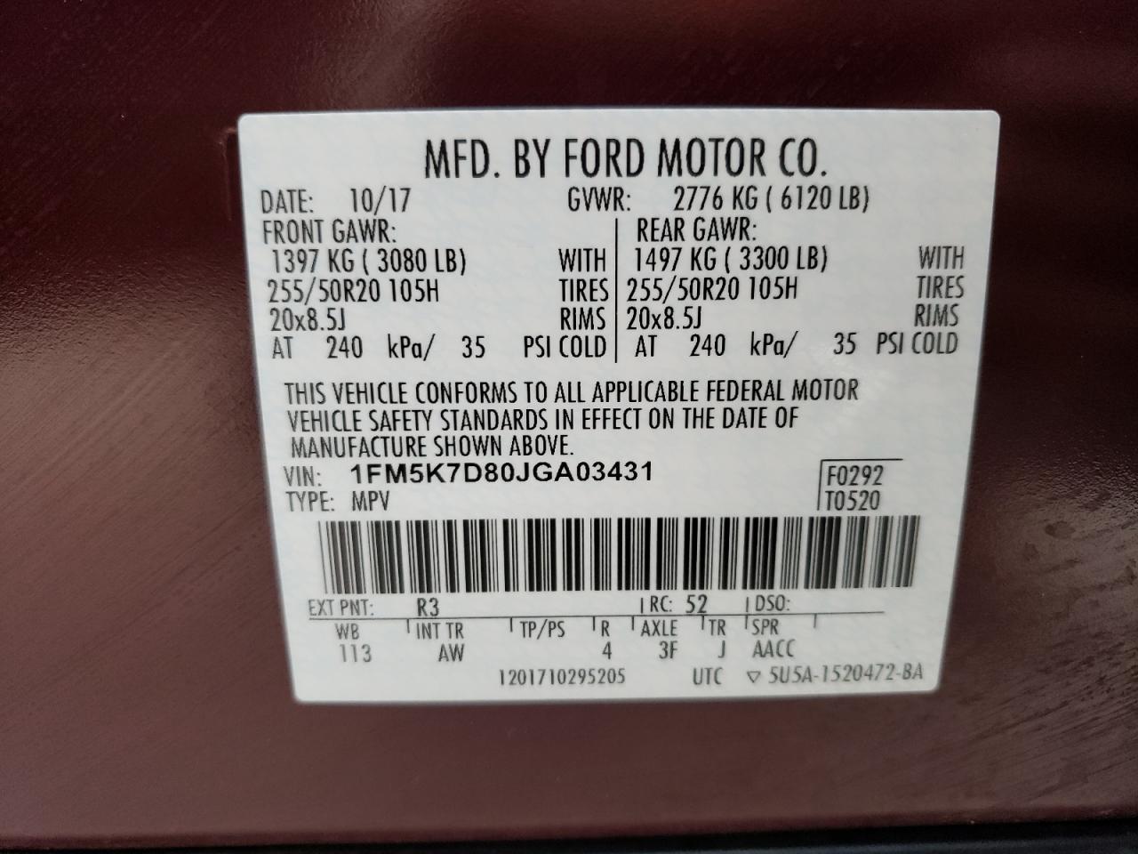 Photo 10 from auction – 2018 FORD EXPLORER X with VIN 1FM5K7D80JGA03431