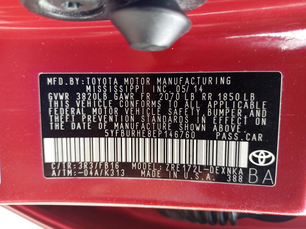 Photo 10 from auction – 2014 TOYOTA COROLLA L with VIN 5YFBURHE8EP146760