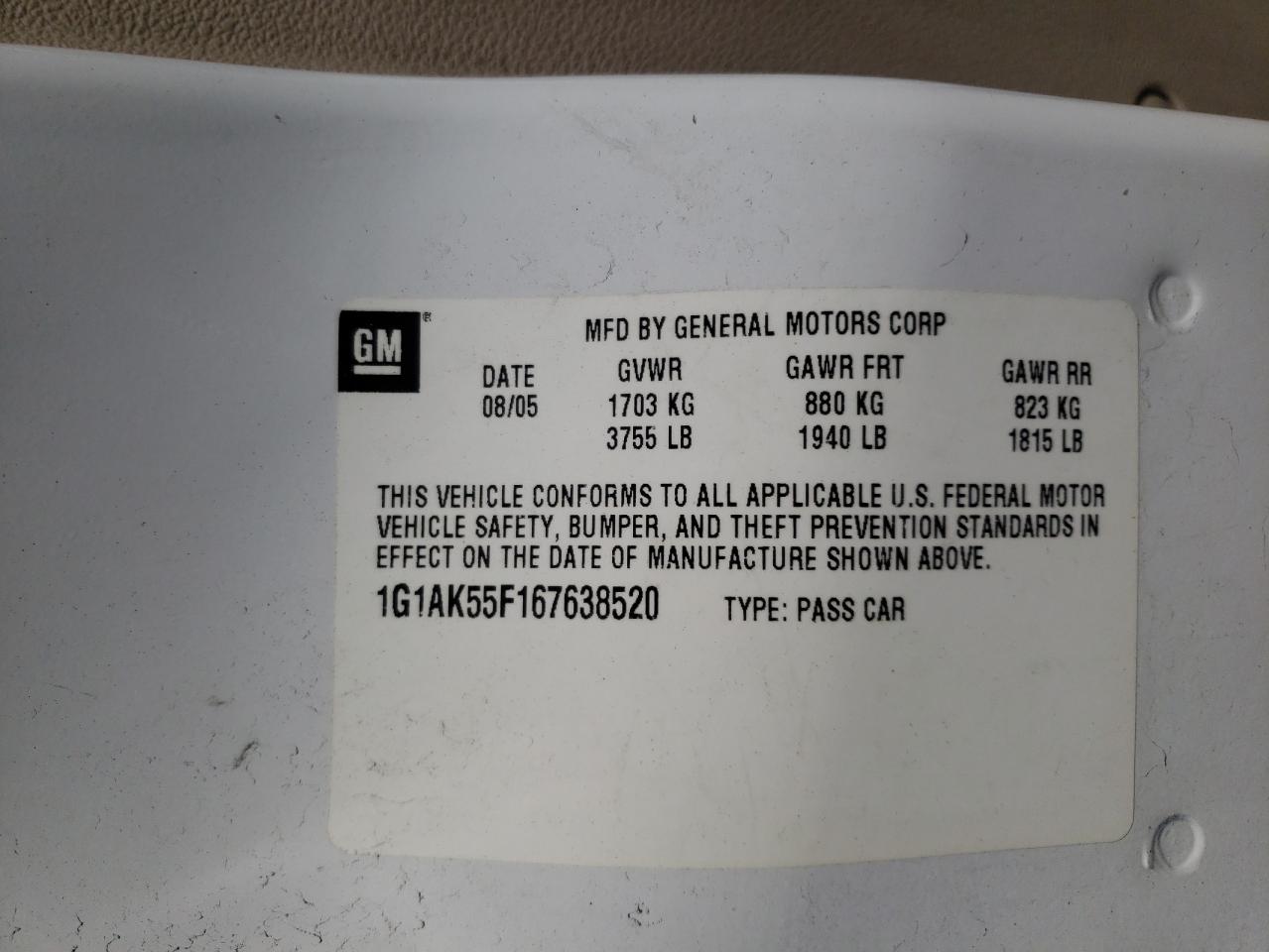 Photo 10 from auction – 2006 CHEVROLET COBALT LS with VIN 1G1AK55F167638520