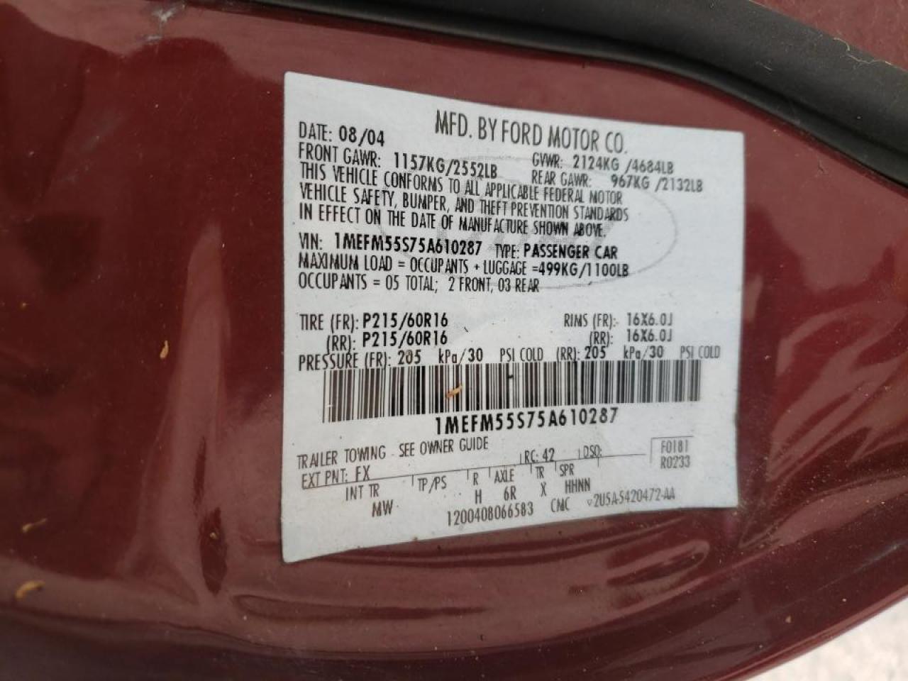 Foto 10 de la subasta – 2005 MERCURY SABLE LS P con VIN 1MEFM55S75A610287