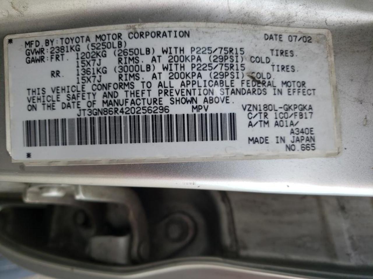 Photo 10 from auction – 2002 TOYOTA 4RUNNER SR with VIN JT3GN86R420256296