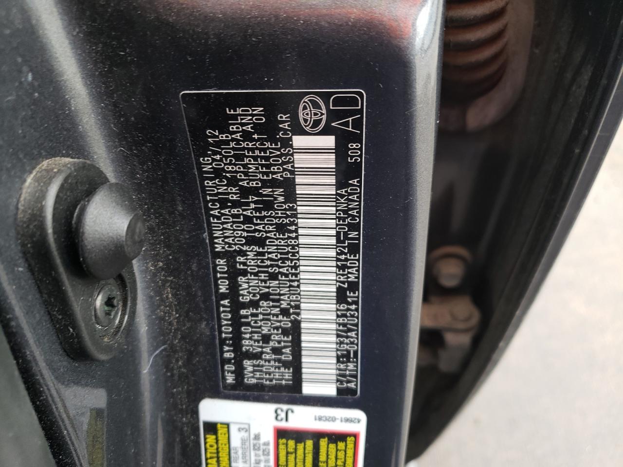 Photo 10 from auction – 2012 TOYOTA COROLLA BA with VIN 2T1BU4EE5CC844313