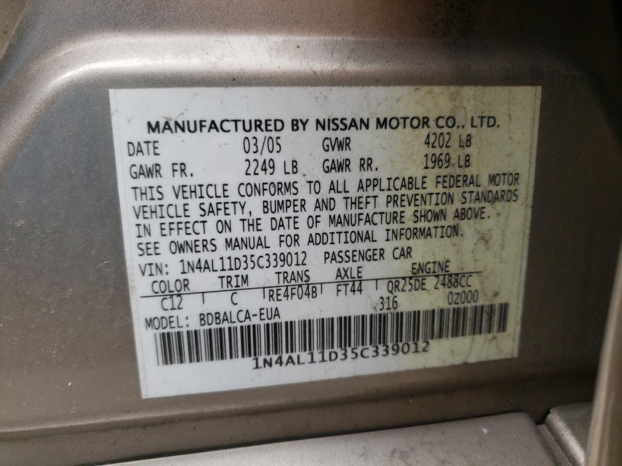 Photo 10 from auction – 2005 NISSAN ALTIMA S with VIN 1N4AL11D35C339012
