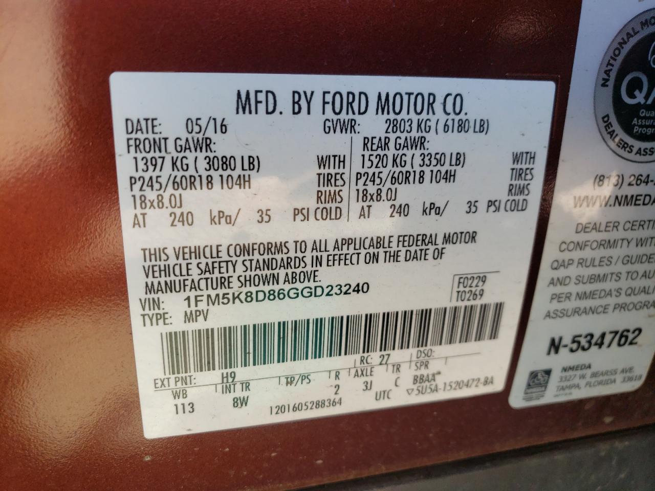 Photo 10 from auction – 2016 FORD EXPLORER with VIN 1FM5K8D86GGD23240
