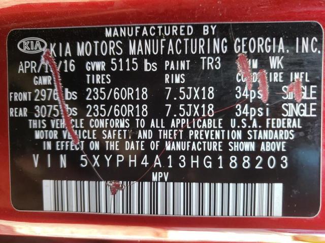 Photo 10 from auction – 2017 KIA SORENTO EX with VIN 5XYPH4A13HG188203