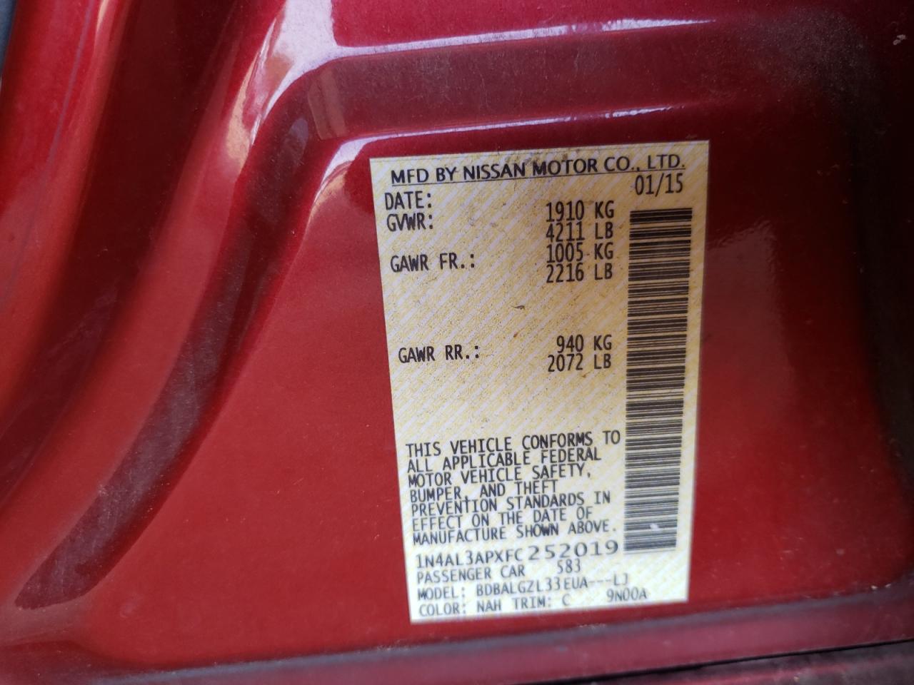 Photo 10 from auction – 2015 NISSAN ALTIMA 2.5 with VIN 1N4AL3APXFC252019
