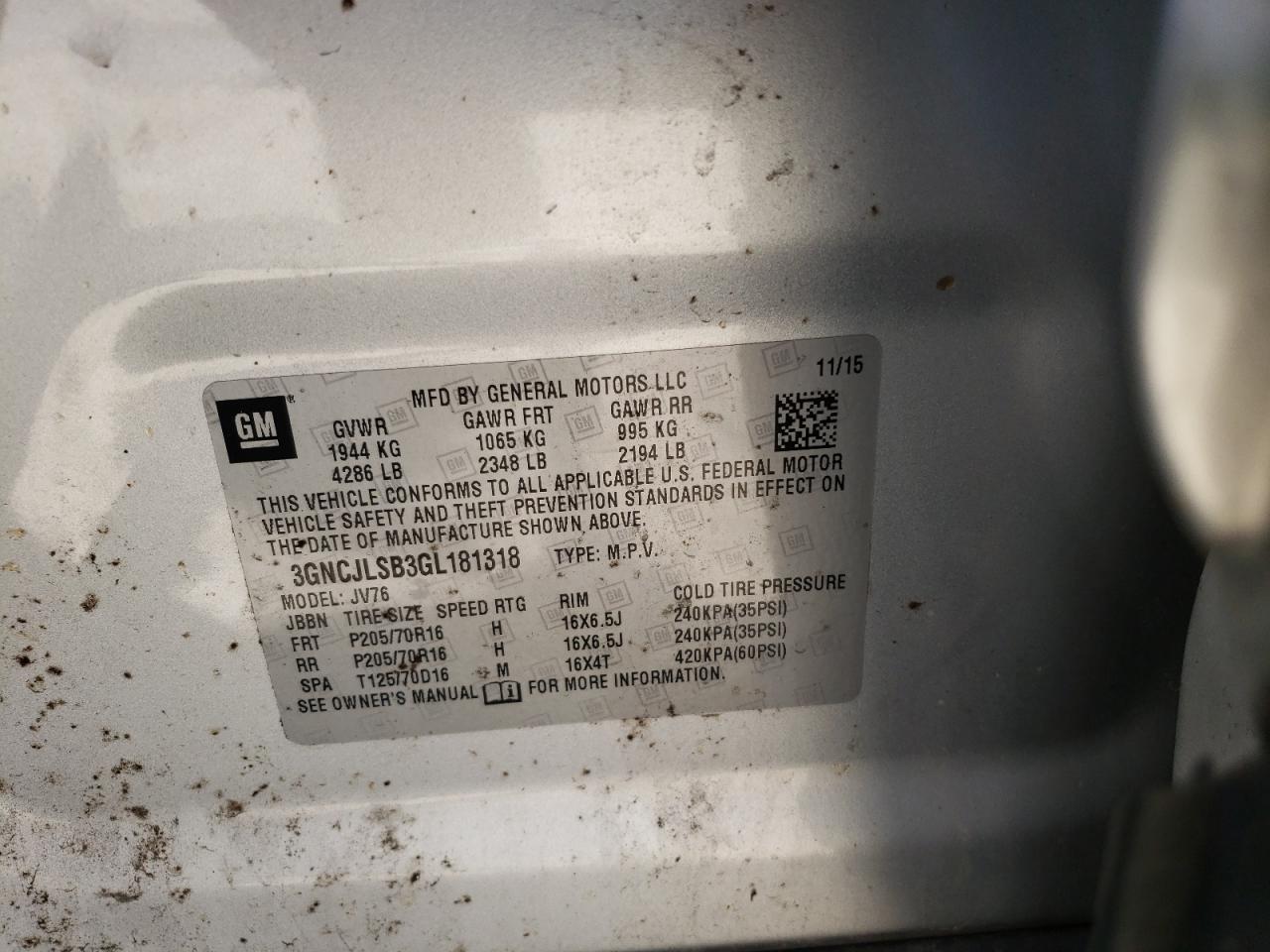 Photo 10 from auction – 2016 CHEVROLET TRAX 1LT with VIN 3GNCJLSB3GL181318