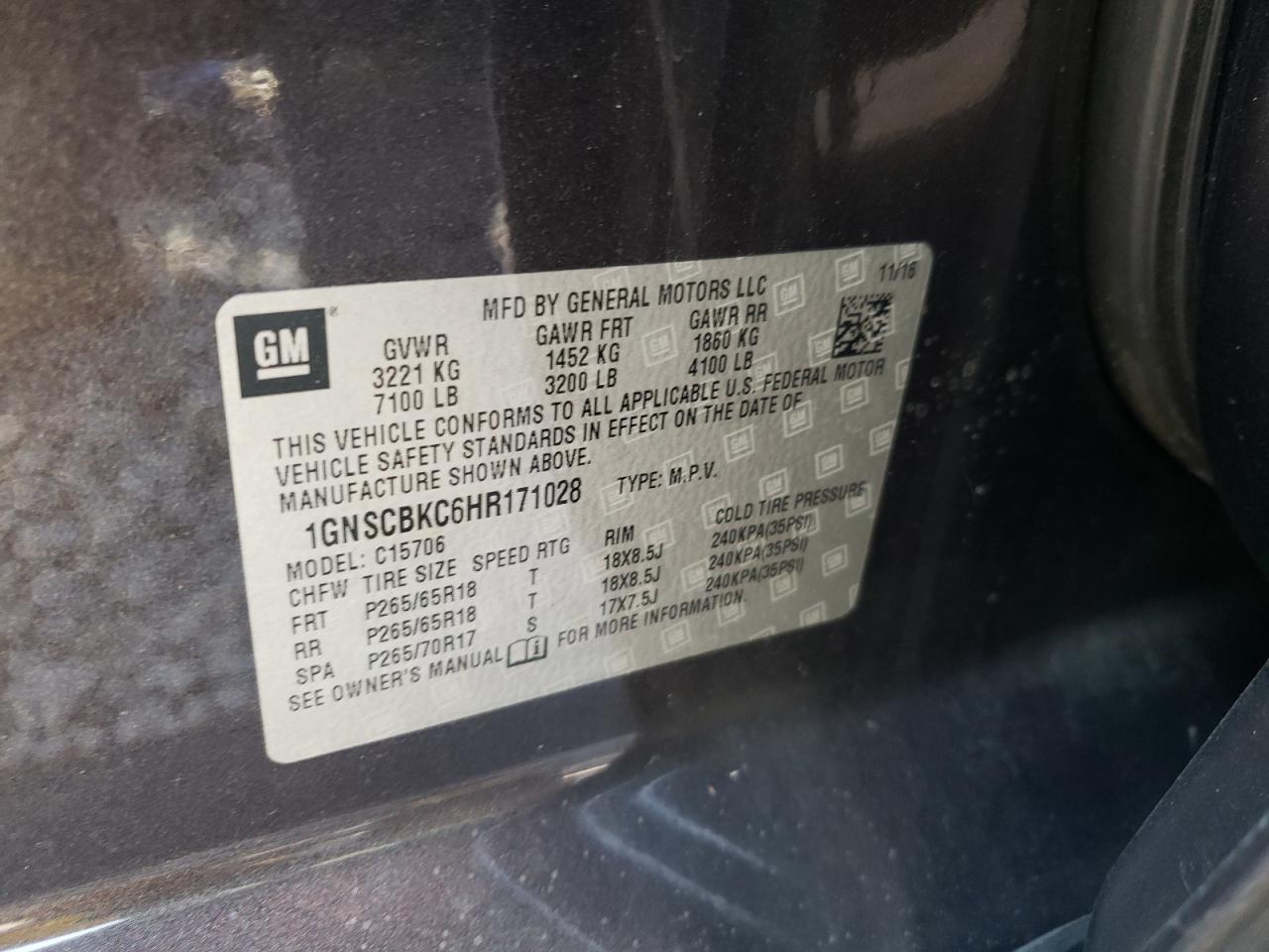 Photo 10 from auction – 2017 CHEVROLET TAHOE C150 with VIN 1GNSCBKC6HR171028