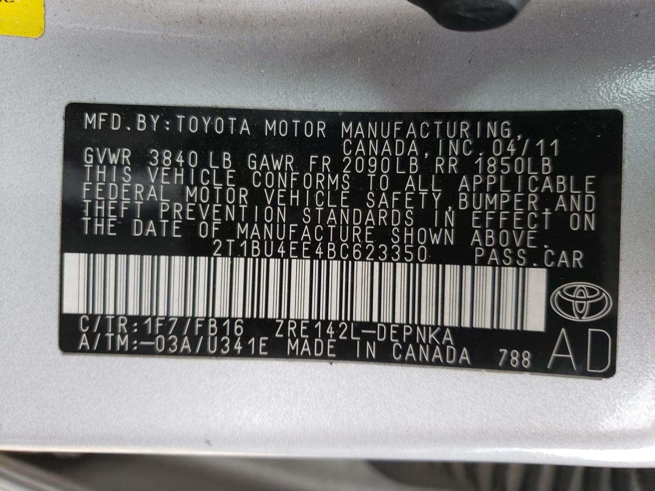 Photo 10 from auction – 2011 TOYOTA COROLLA with VIN 2T1BU4EE4BC623350