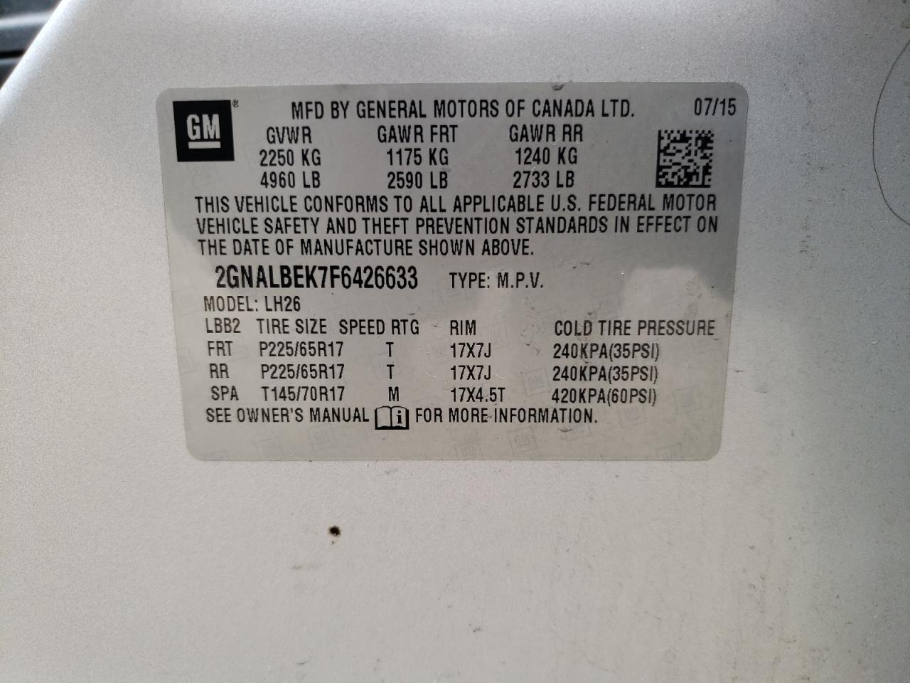 Photo 10 from auction – 2015 CHEVROLET EQUINOX LT with VIN 2GNALBEK7F6426633