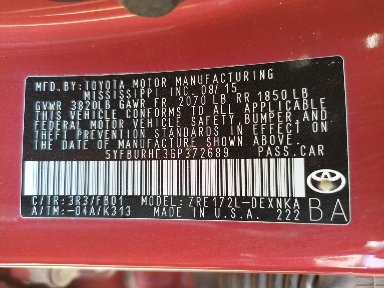 Photo 10 from auction – 2016 TOYOTA COROLLA L with VIN 5YFBURHE3GP372689
