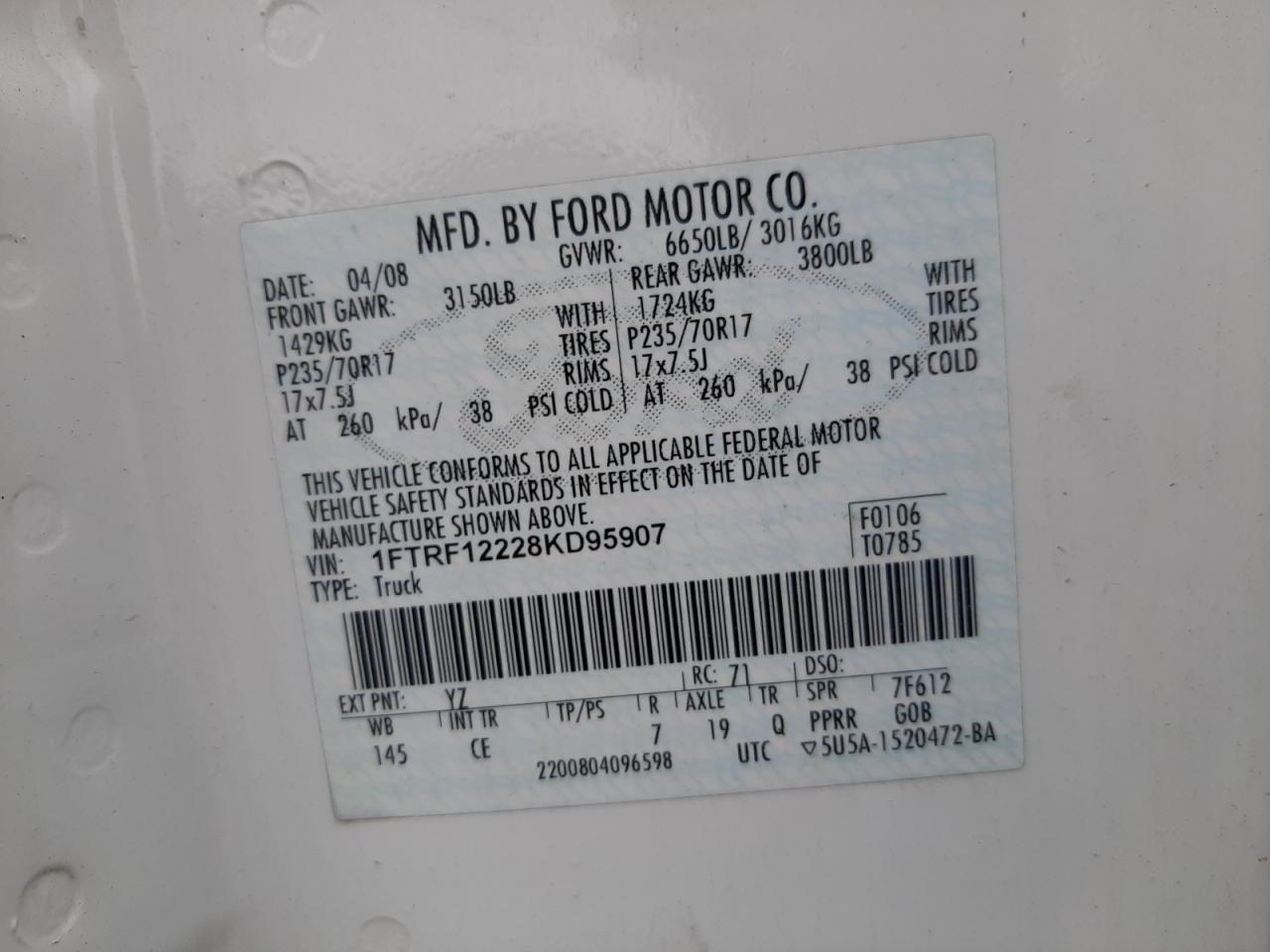 Photo 10 from auction – 2008 FORD F150 with VIN 1FTRF12228KD95907