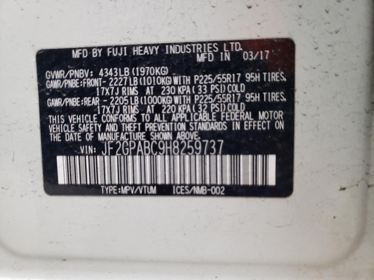 Photo 10 from auction – 2017 SUBARU CROSSTREK with VIN JF2GPABC9H8259737