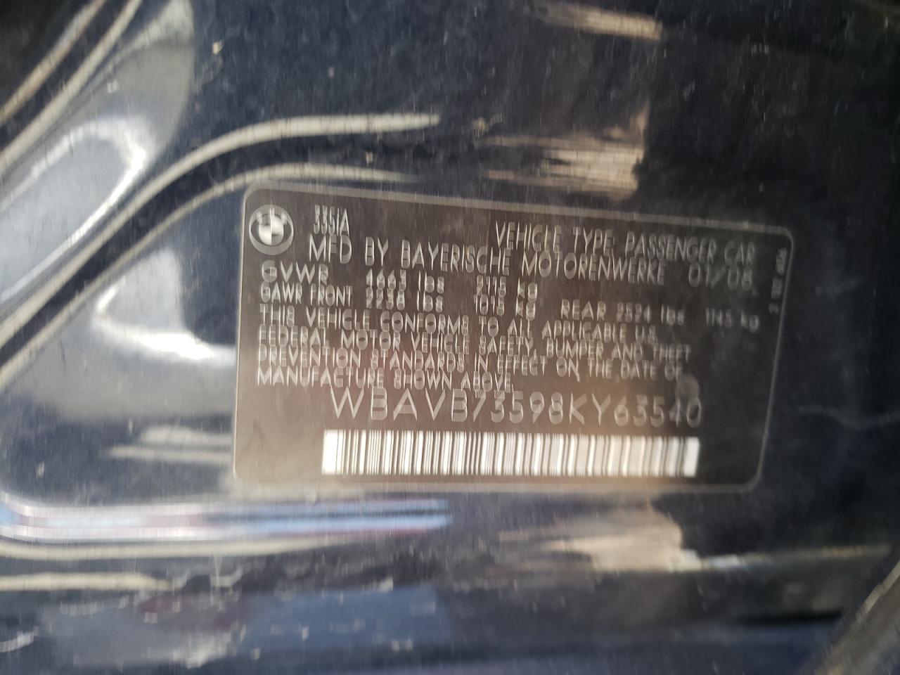 Photo 10 from auction – 2008 BMW 335 I with VIN WBAVB73598KY63540