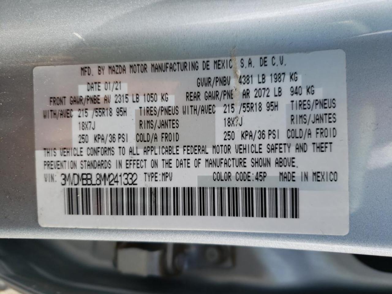Photo 10 from auction – 2021 MAZDA CX-30 SELE with VIN 3MVDMBBL8MM241332