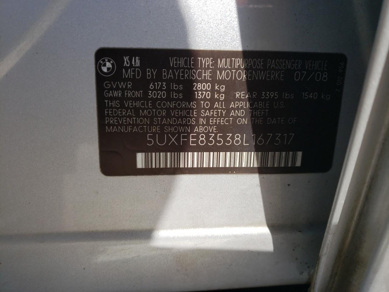 Photo 10 from auction – 2008 BMW X5 4.8I with VIN 5UXFE83538L167317