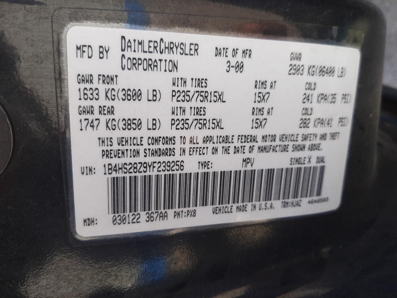 Photo 10 from auction – 2000 DODGE DURANGO with VIN 1B4HS28Z9YF239256