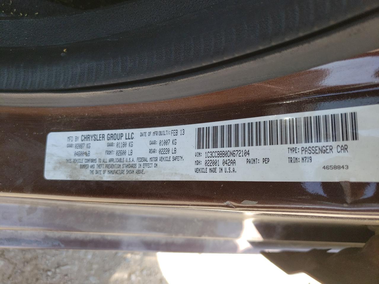 Photo 10 from auction – 2013 CHRYSLER 200 TOURIN with VIN 1C3CCBBB0DN672104