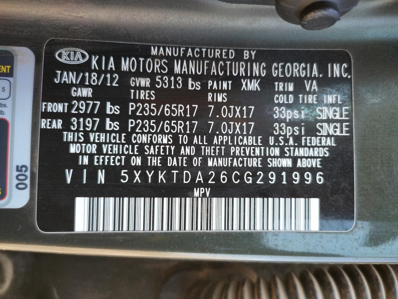Photo 10 from auction – 2012 KIA SORENTO BA with VIN 5XYKTDA26CG291996