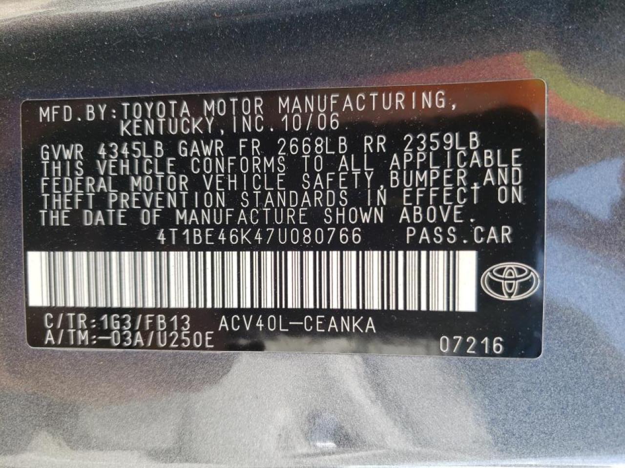 صورة رقم 10 من المزاد - 2007 TOYOTA CAMRY مع VIN 4T1BE46K47U080766