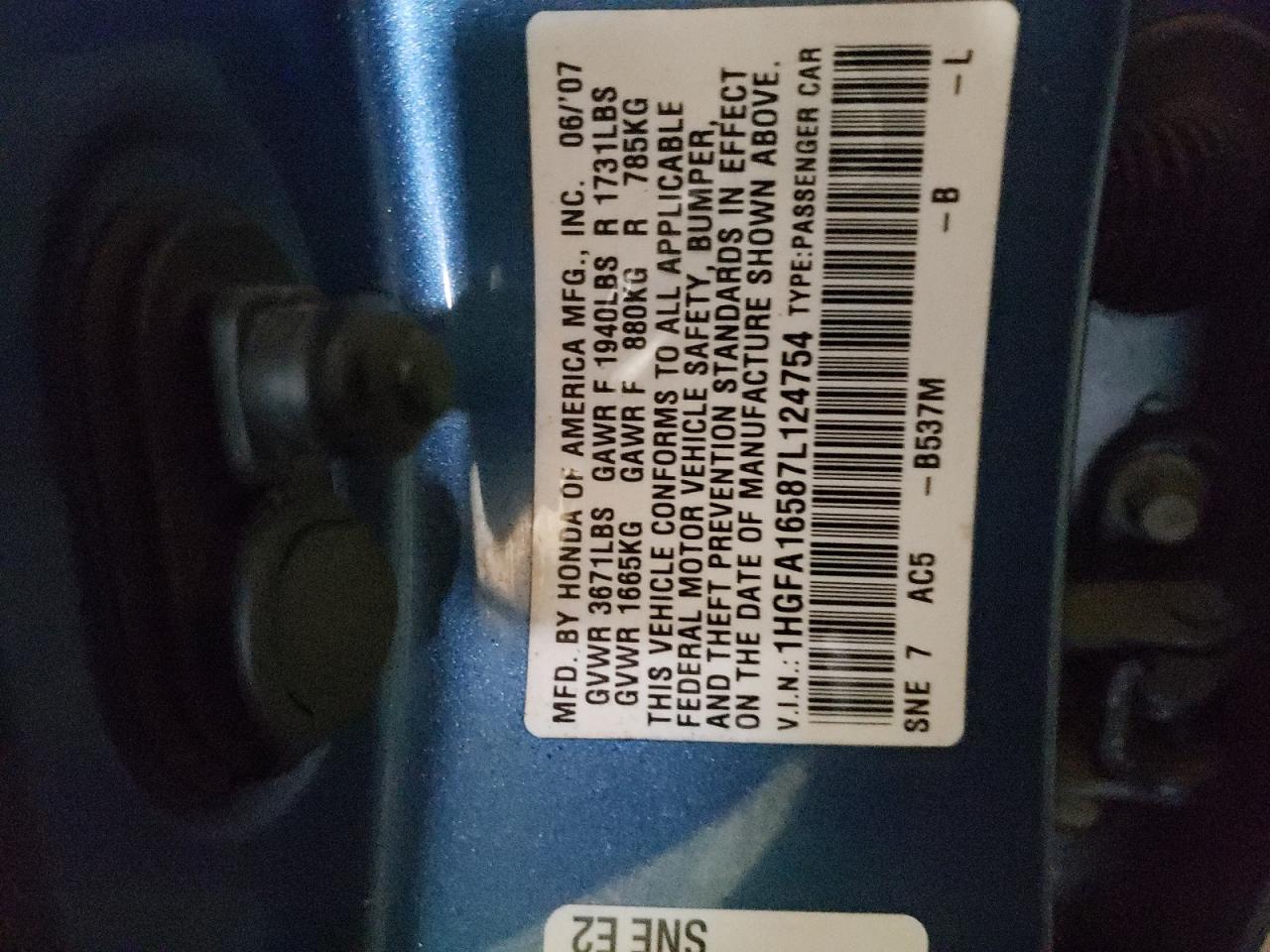 Photo 10 from auction – 2007 HONDA CIVIC LX with VIN 1HGFA16587L124754