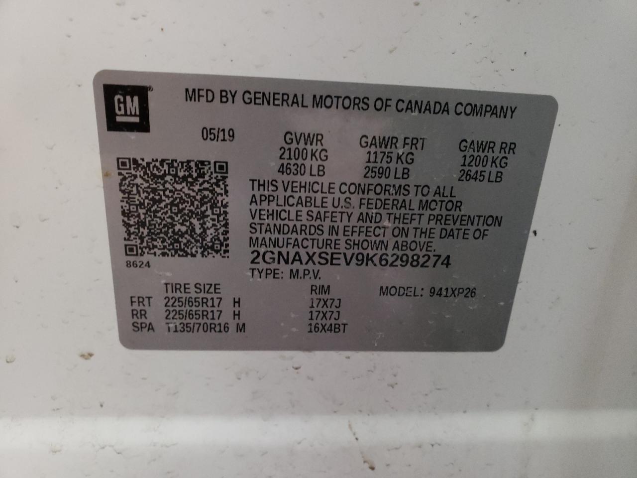 Photo 10 from auction – 2019 CHEVROLET EQUINOX LS with VIN 2GNAXSEV9K6298274