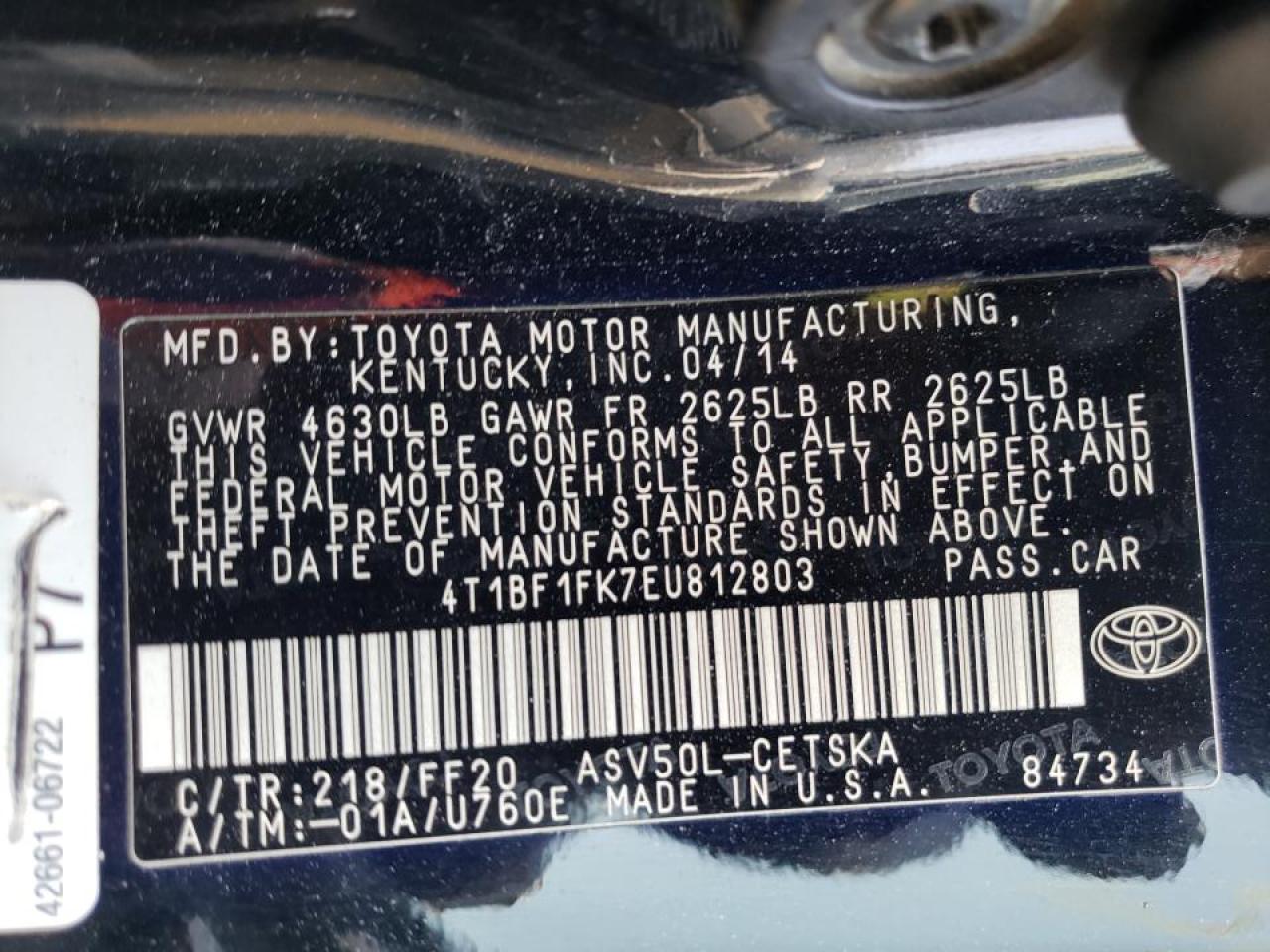 Photo 10 from auction – 2014 TOYOTA CAMRY L with VIN 4T1BF1FK7EU812803