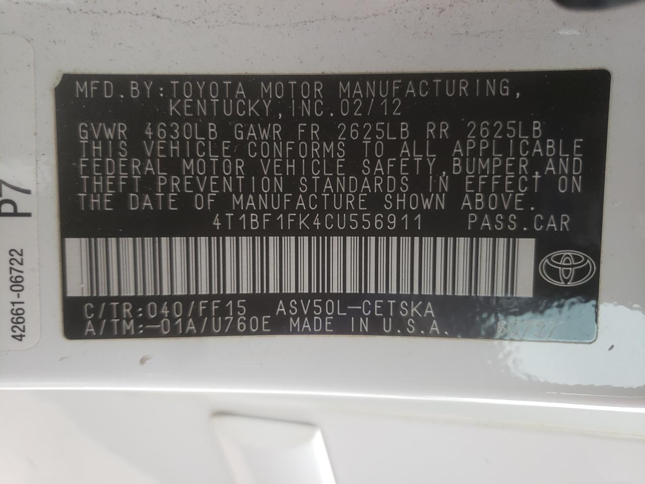 Photo 10 from auction – 2012 TOYOTA CAMRY BASE with VIN 4T1BF1FK4CU556911