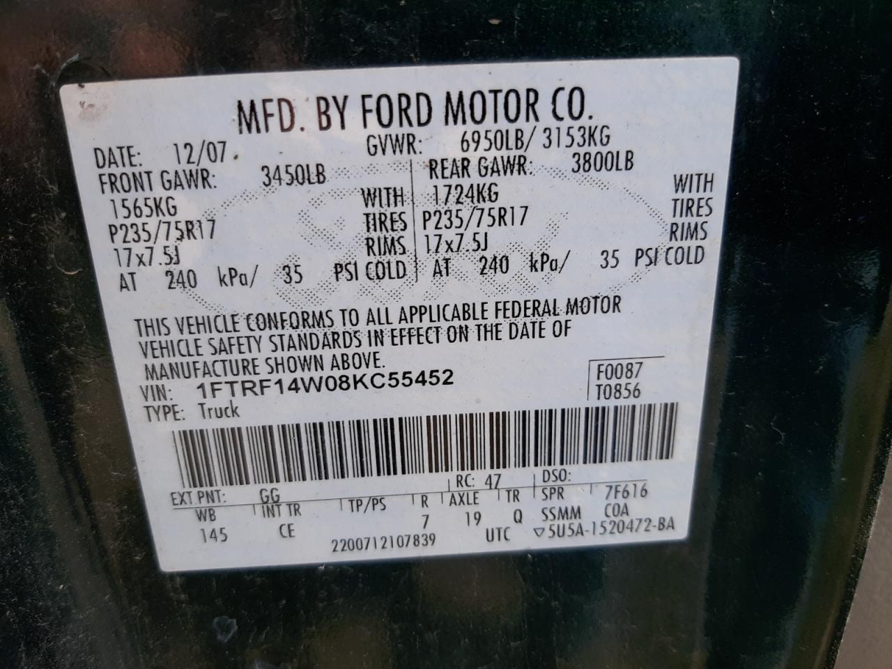 Photo 10 from auction – 2008 FORD F150 with VIN 1FTRF14W08KC55452