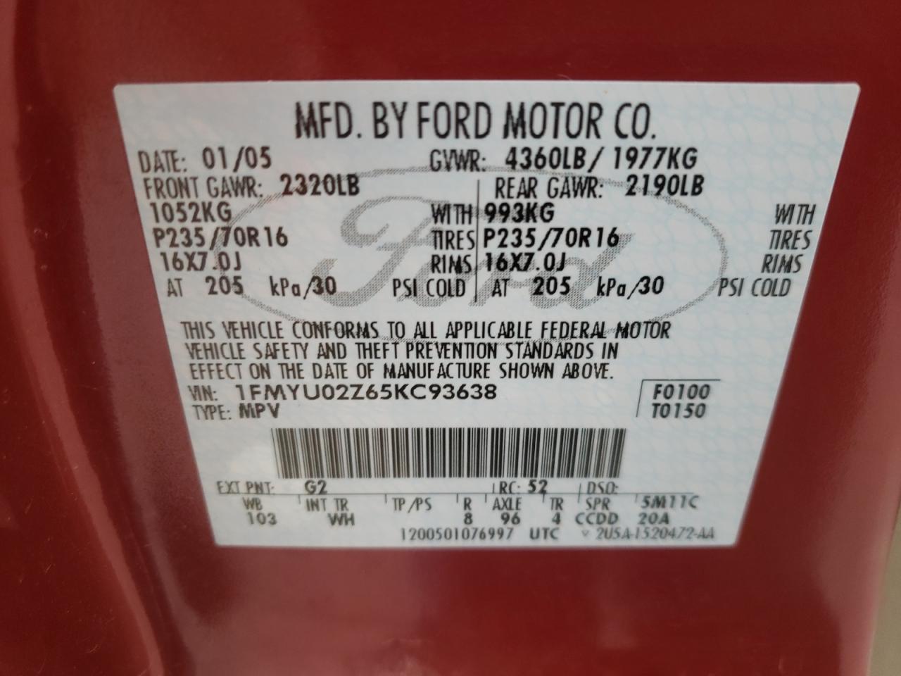 Photo 10 from auction – 2005 FORD ESCAPE XLS with VIN 1FMYU02Z65KC93638