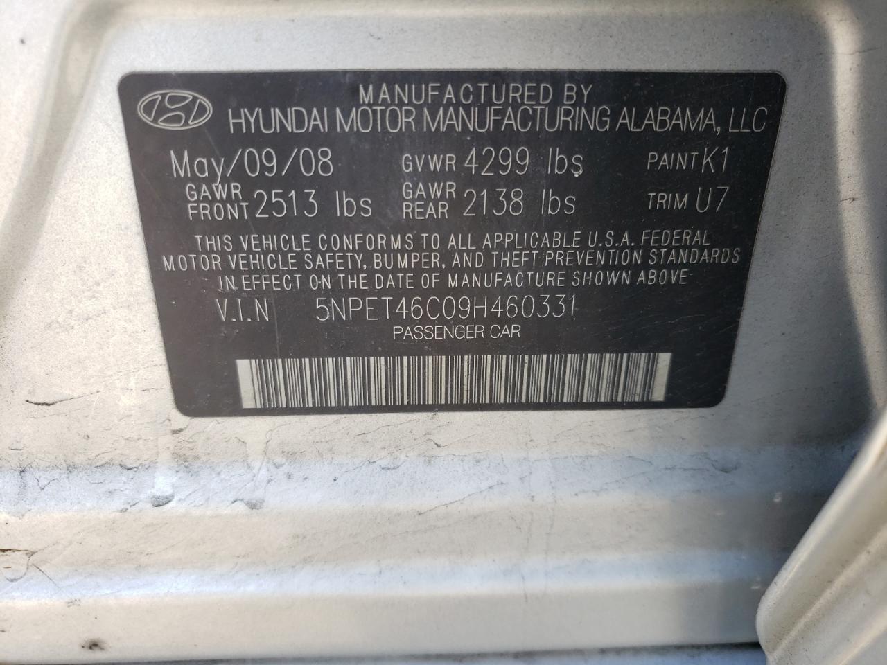 Photo 10 from auction – 2009 HYUNDAI SONATA GLS with VIN 5NPET46C09H460331