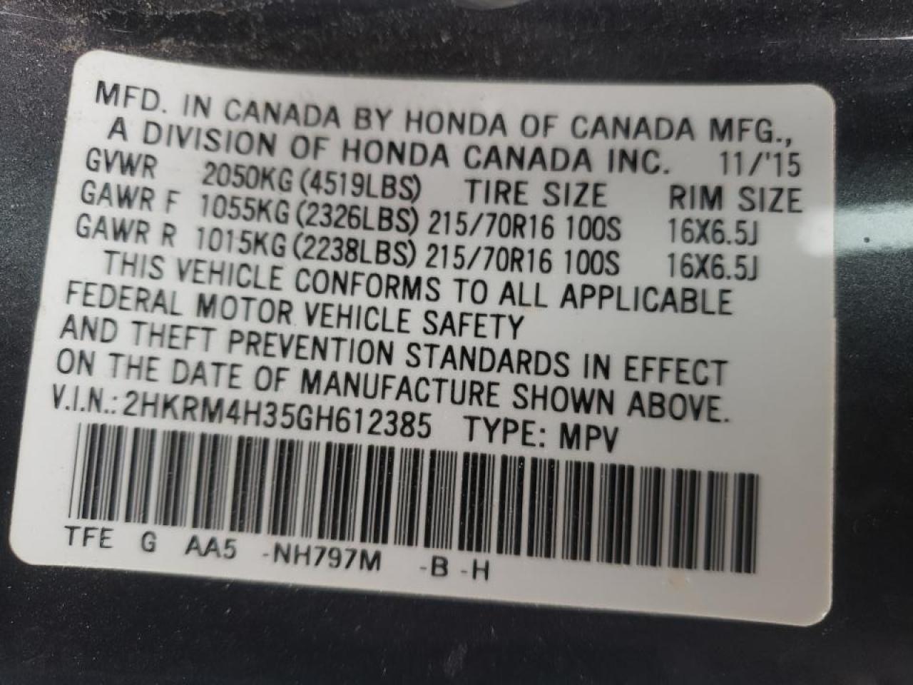 Photo 10 from auction – 2016 HONDA CR-V LX with VIN 2HKRM4H35GH612385