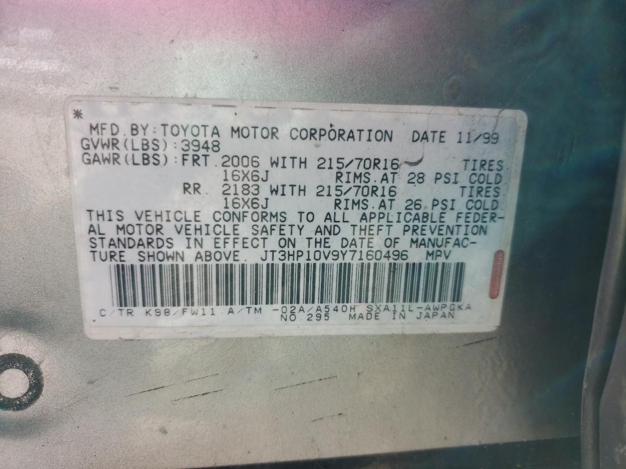 Photo 10 from auction – 2000 TOYOTA RAV4 with VIN JT3HP10V9Y7160496