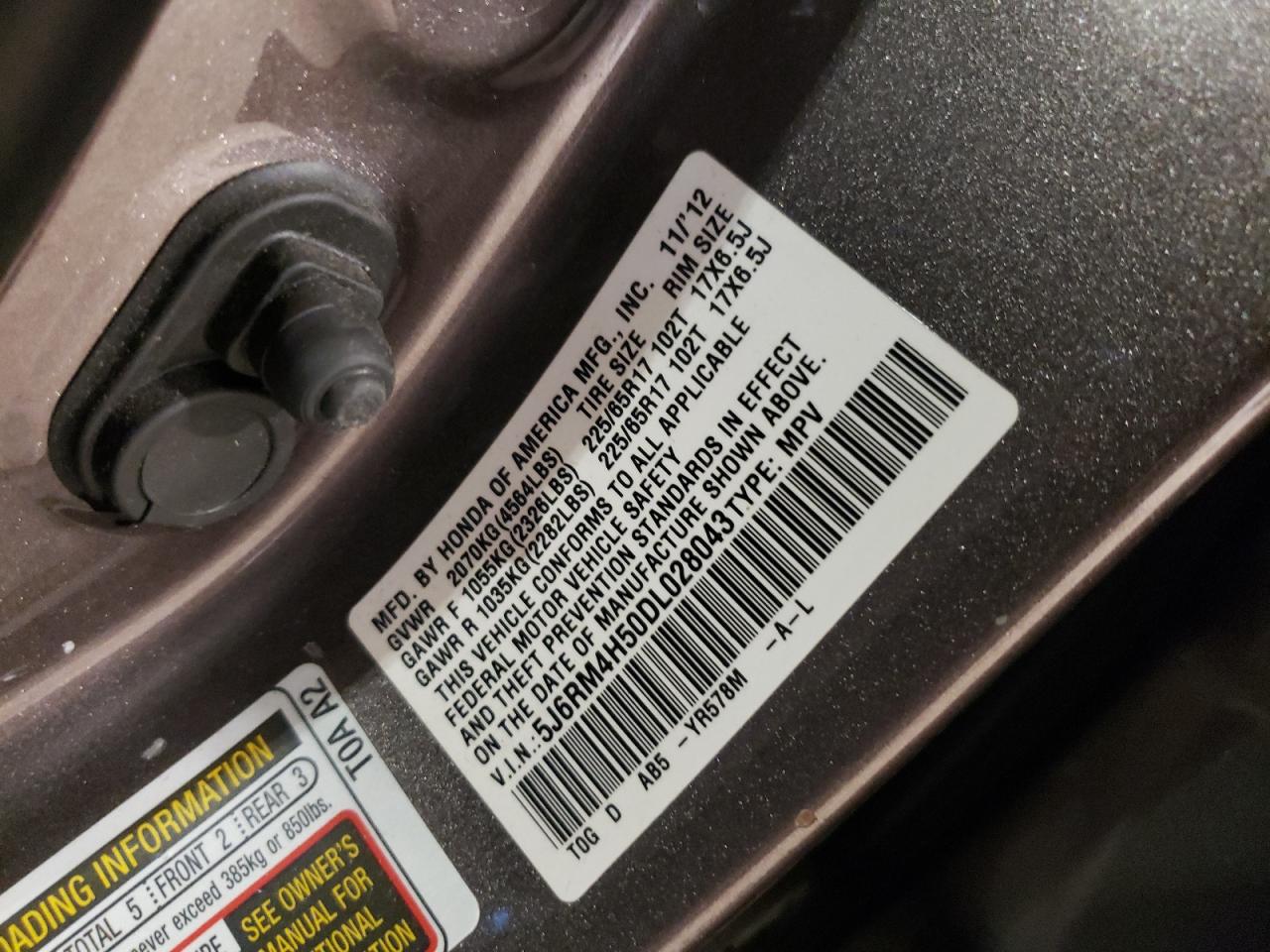 Photo 10 from auction – 2013 HONDA CR-V EX with VIN 5J6RM4H50DL028043